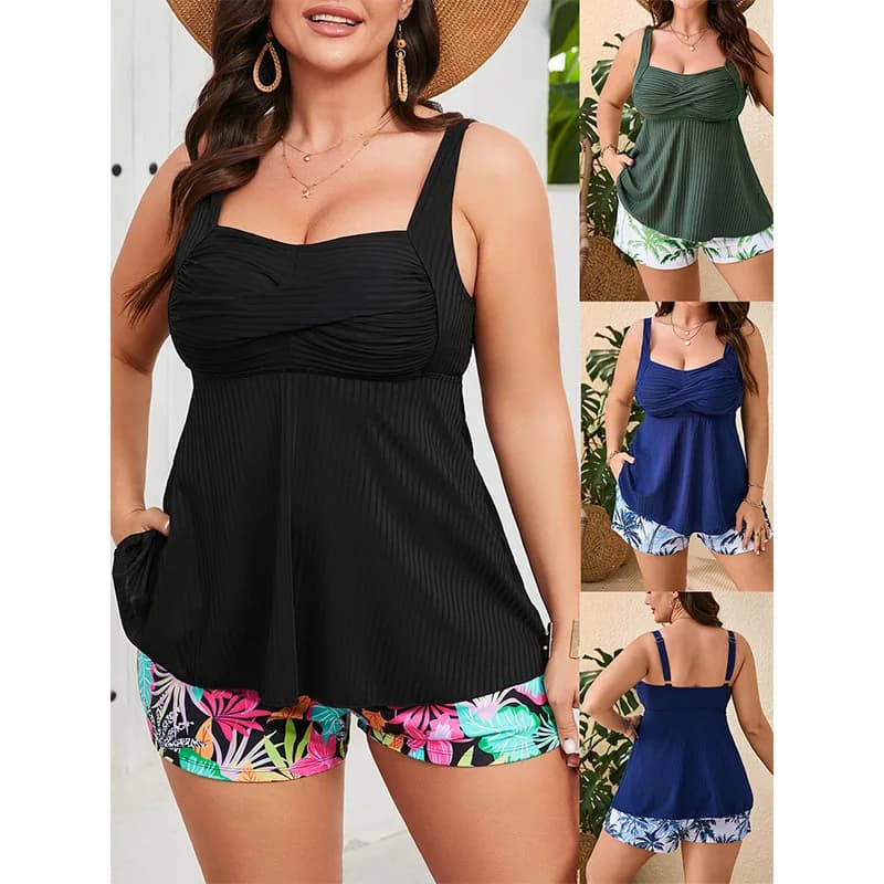 New European and American Large Size Durable Conservative Special Fabric Solid Color Split Printing High Waist Boxers Swimsuit