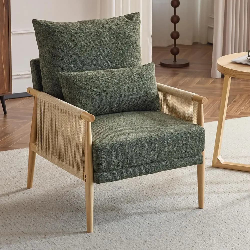 Poltrona accogliente in ciniglia con cuscino lombare e braccioli in rattan, ideale per soggiorno, camera da letto, angolo lettura, verde