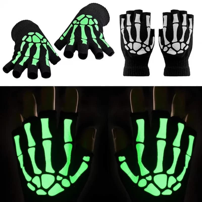 1-10 paia unisex adulto Halloween scheletro teschio guanti mezze dita bagliore nel buio guanti invernali lavorati a maglia elasticizzati senza dita