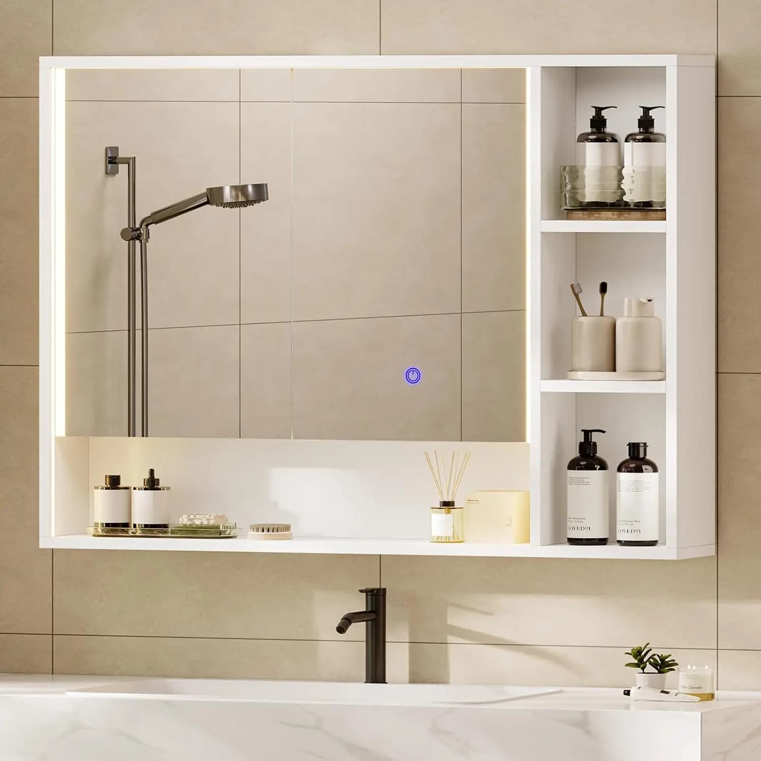 Armadietto per Medicinali Illuminato con Specchio e Vano Aperto, Moderno Armadietto da Bagno con Luci LED a Canale, Regolabile