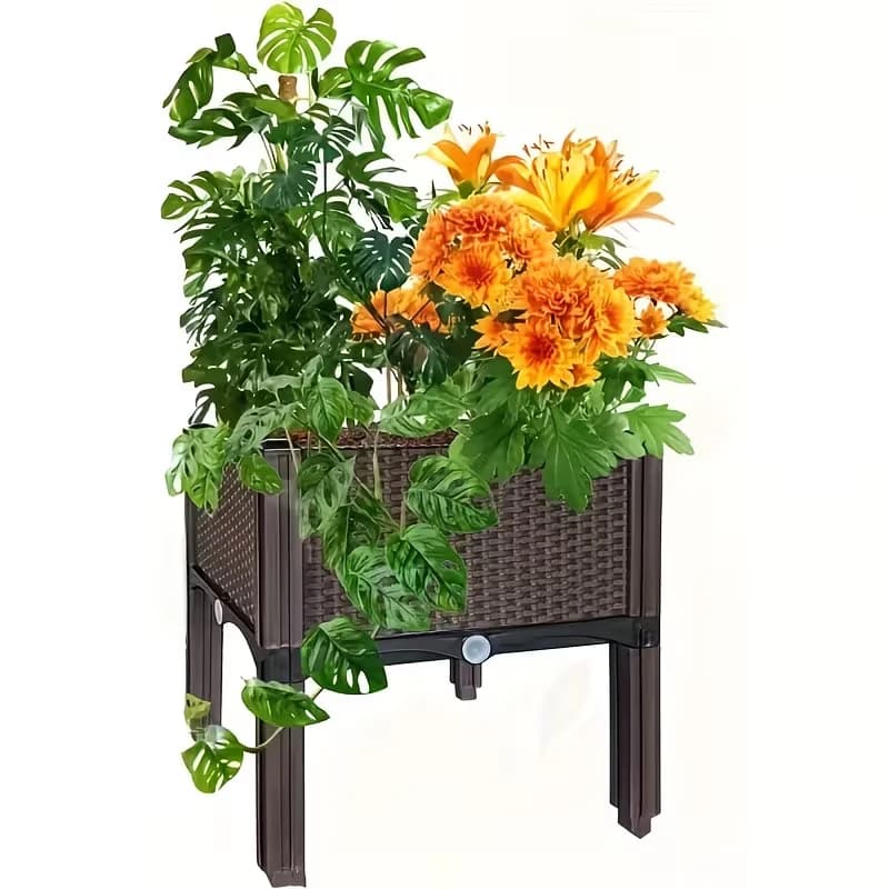 Elevated Raised Garden Bed with Legs Rattan Effect Plastic Planter Box with Drainage for Growing Vegetables Tomatoes Flowers Herbs Indoor Outdoor Patio