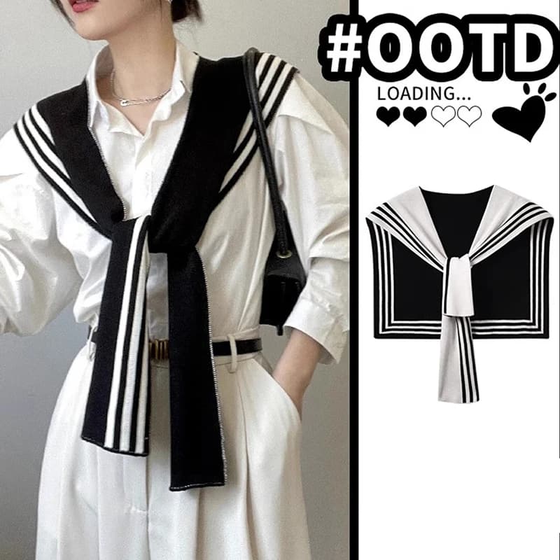 Womem Moda Maglione Scialle annodato lavorato a maglia Striscia bianca nera Scialle maglione double face Sciarpa casual da viaggio Scialle lavorato a maglia