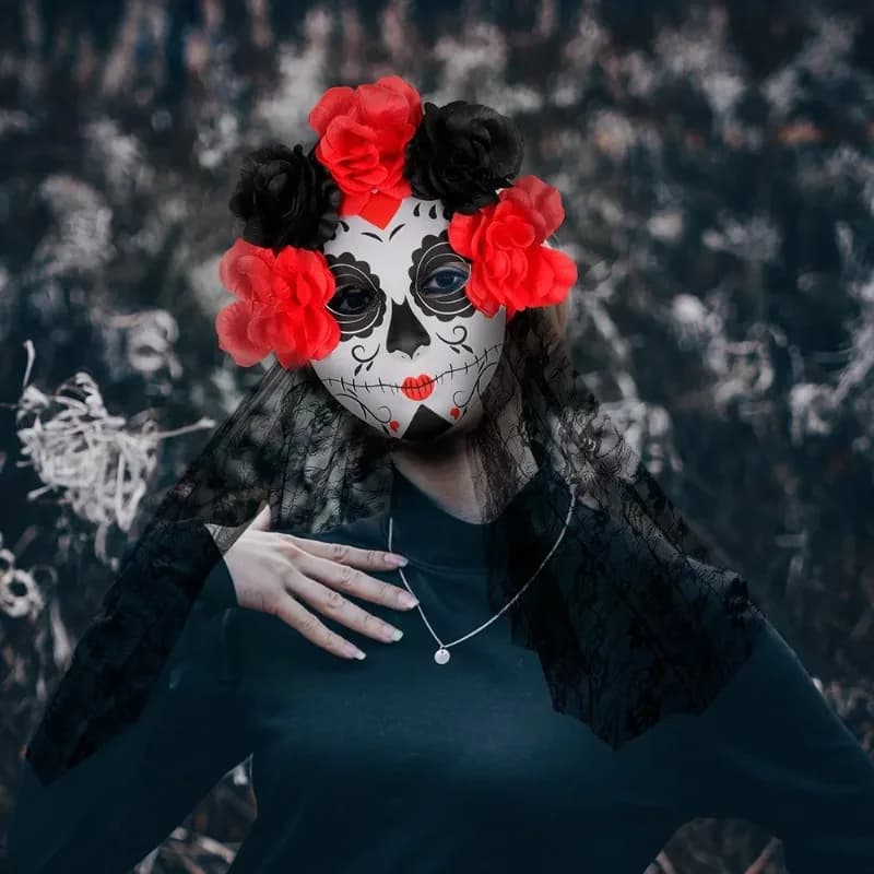 Fantasma Sposa Maschera di ruolo Halloween Terrore Abbigliamento Partita Labbra rosse Maschera di fiori Festa Gioca al ruolo Abbigliamento Copricapo Visiera