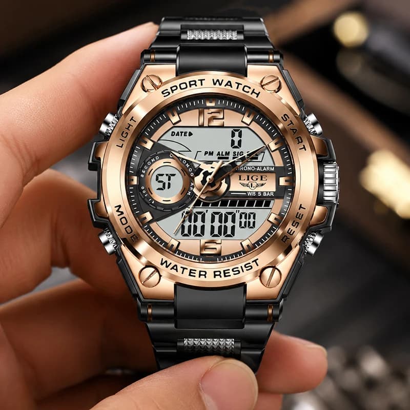 LIGE Diver Watch Men 50M Waterproof Dual Display Analog Digital Watch for Men LED Backlight Quartz Chronograph Montre Homme+BOX