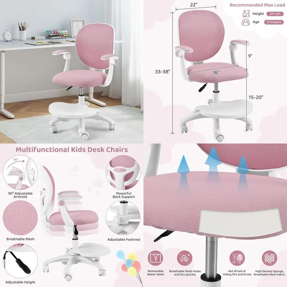 Sedia da studio ergonomica per bambini con altezza regolabile, seduta in rete, poggiapiedi antiscivolo, ideale per ragazze dai 5 ai 12 anni, rosa