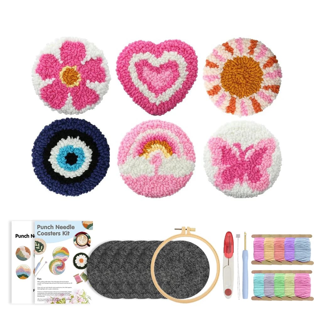 RUOPOTY 6pcs Punch Needle Coaster Pink Heart Punch Needle Kit Art Supplies Easy Crafts For Adults Animal Punch Needle Kits