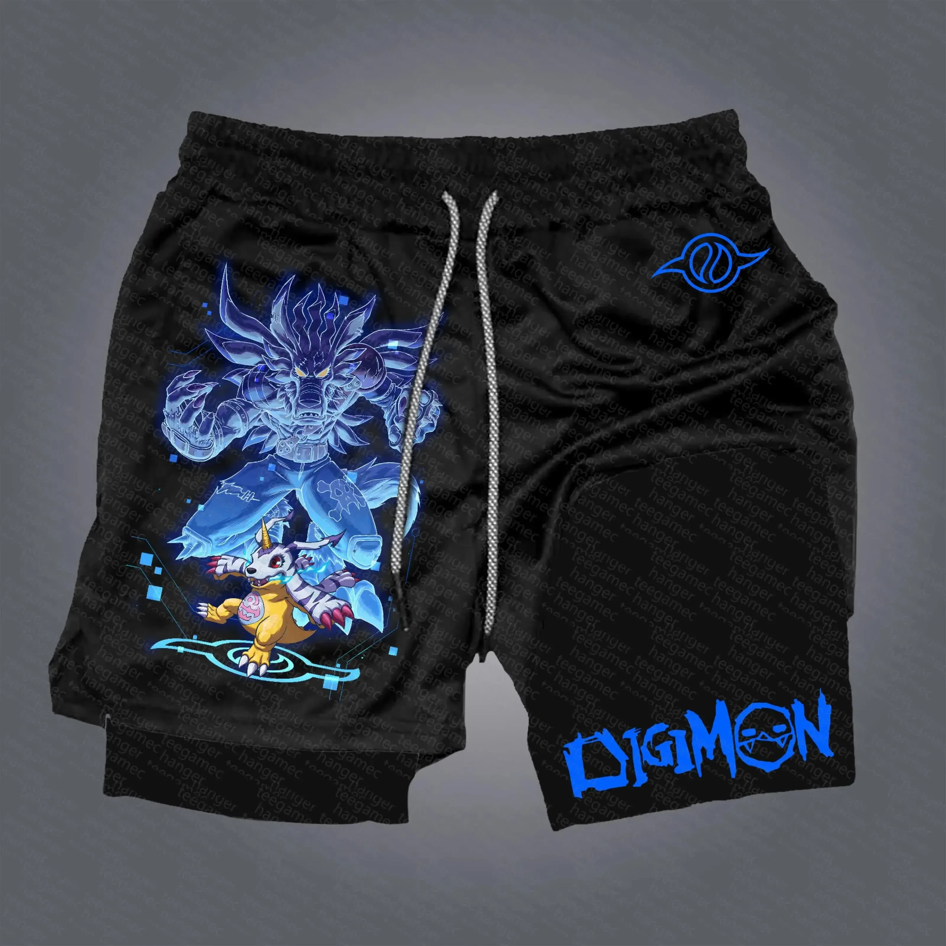 2026 Digimon Anime Printed Double Layer Shorts American Men's Summer Y2K New gym workout Swimming Race 2 in 1