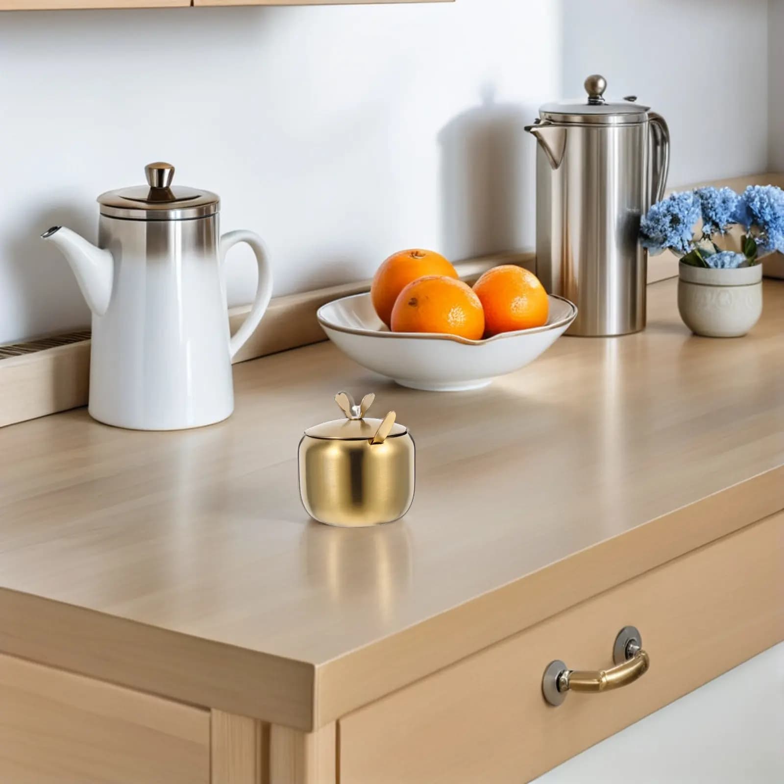 2Pcs Stainless Steel Seasoning Container Set Sugar Jar with Lid Spoon Kitchen Spice Jars Condiment Canisters Pots