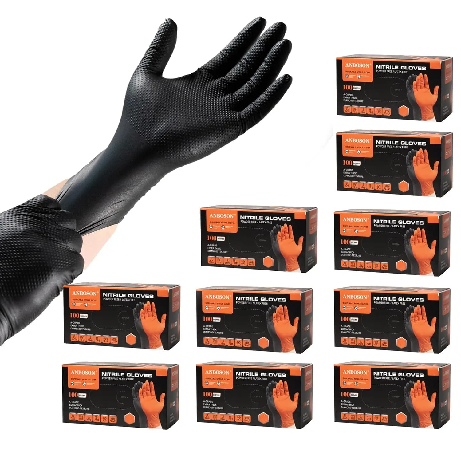 Guanti Monouso in Nitrile 10mil, Resistenti agli Agenti Chimici, Resistenti per Meccanici, Senza Lattice, con Presa a Diamante (1000, Nero Grande)