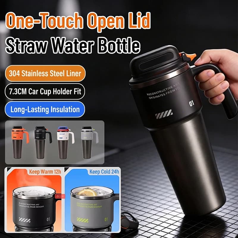Bottiglia d'Acqua Isolata in Acciaio Inox 304 da 1L con Cannuccia, Thermos con Coperchio a Scatto e Manico per Auto, Viaggi e Casa
