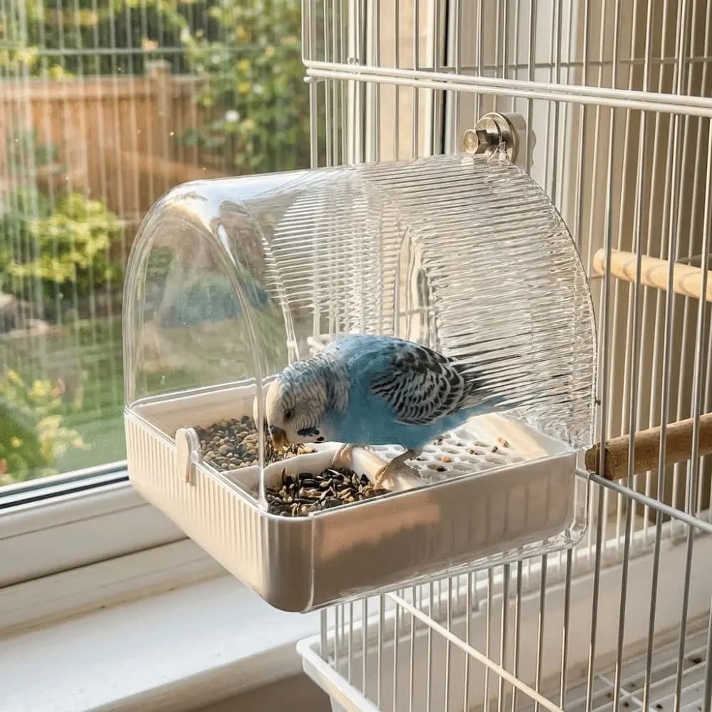 Vasca per Uccelli Trasparente con Cassetto Inferiore, Contenitore per Cibo, Vasca per Pappagalli Antispruzzo con Ganci a Vite, Mangiatoia per Uccelli