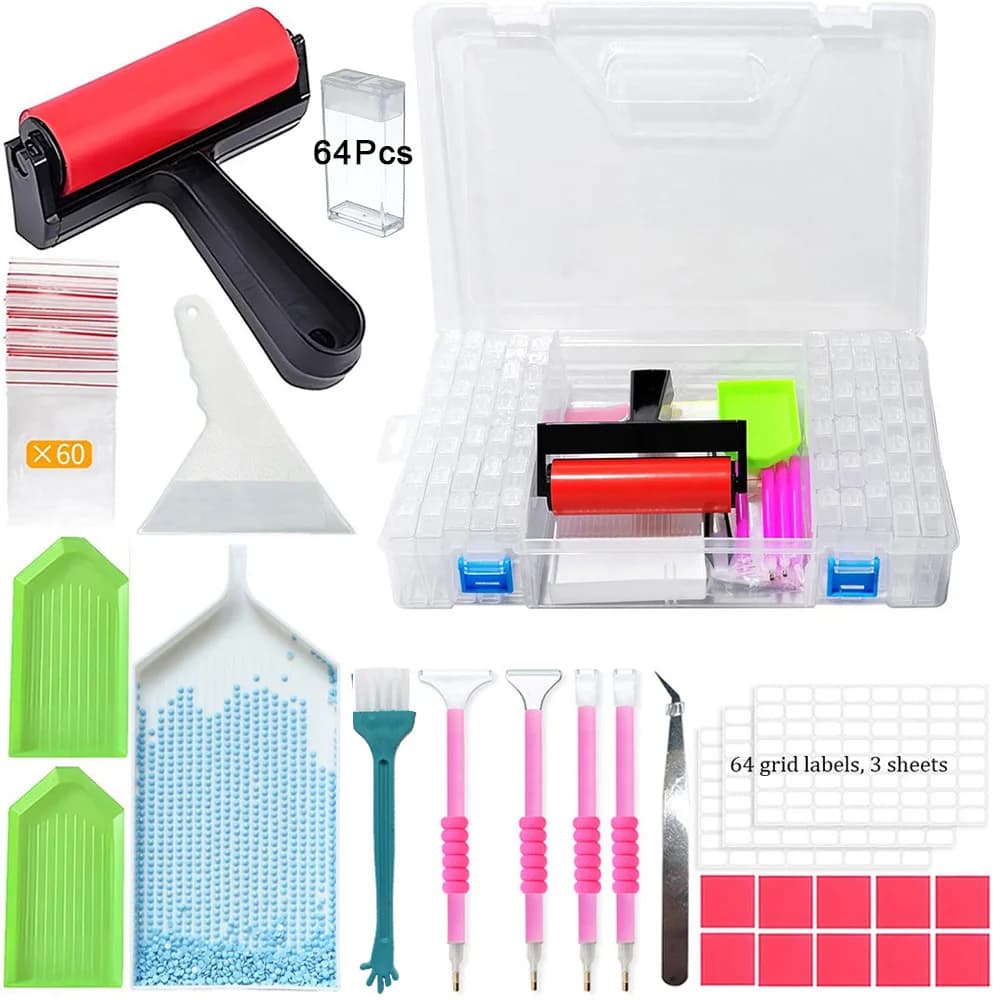 Scatola portaoggetti per accessori Diamond Painting con strumenti e kit di strass per mosaico - Include vassoio in plastica per pennelli e pasta modellabile per artigianato
