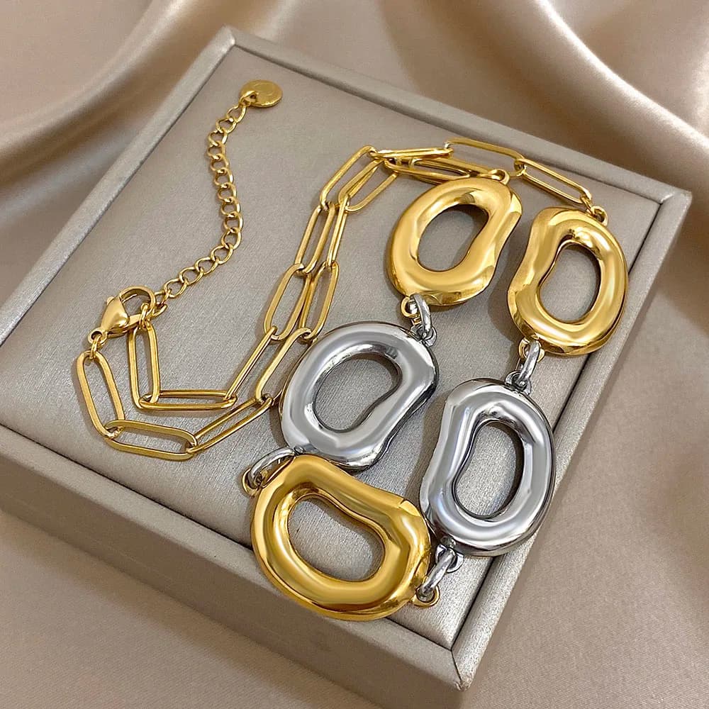Collana con bracciale a catena a forma di cerchio paffuto geometrico irregolare Braccialetti color oro in acciaio inossidabile di moda Regali di gioielli girocollo