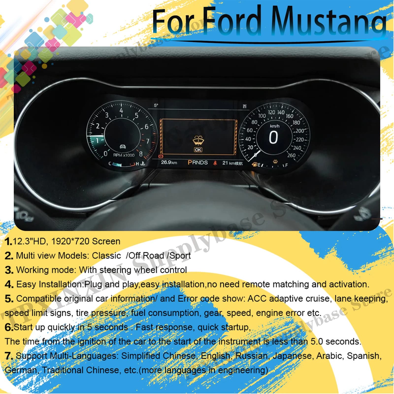 Android Digital Performance Dashboard Display Speed Table Car Virtual for Ford Mustang 2015 2017 2018 2019 2020 2021- 2023
