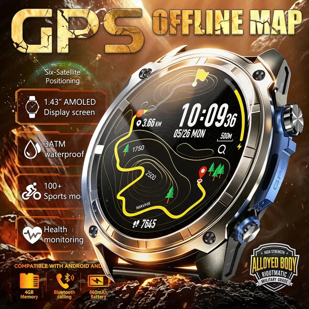 Nuovo Smartwatch Militare TANK PRO 2026 con GPS, Mappa Offline, Impermeabile 3ATM, 4GB RAM, Musica, Chiamate Bluetooth, Display AMOLED per Uomo