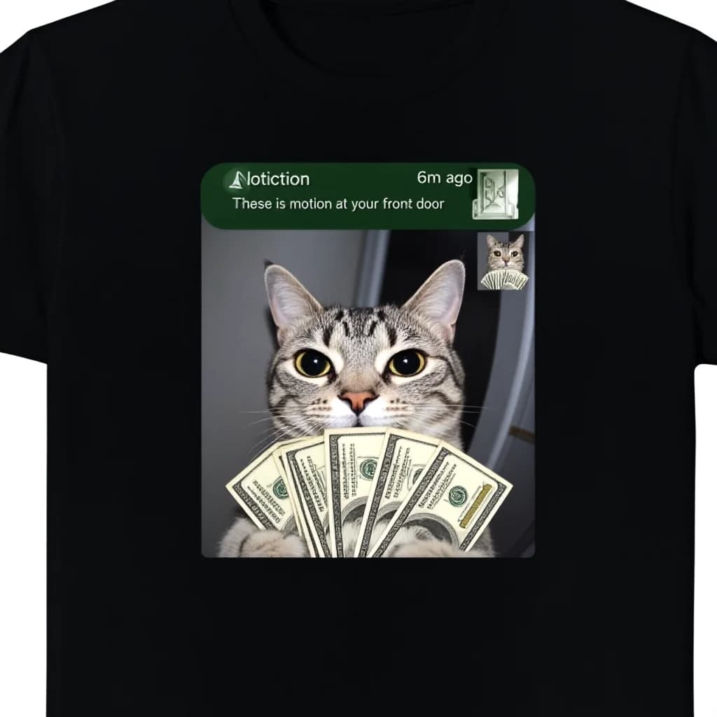 Y2K Harajuku Graphic Gothic 100% Pure Cotton Unisex Drop Shoulder Oversized T Shirt These Is Motion At Your Front Door Ring Doorbell Notification Tabby Cat Holding Cash Meme Graphic Print Funny Pet Streetwear Black Short Sleeve Casual Summer Tee
