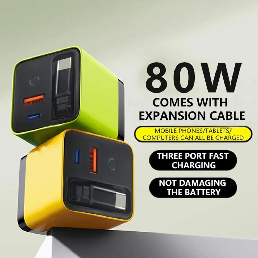 For 80W GaN PD USB-C Charger with Retractable Cable for Laptop 16 15 14 Type-C Phone Charger