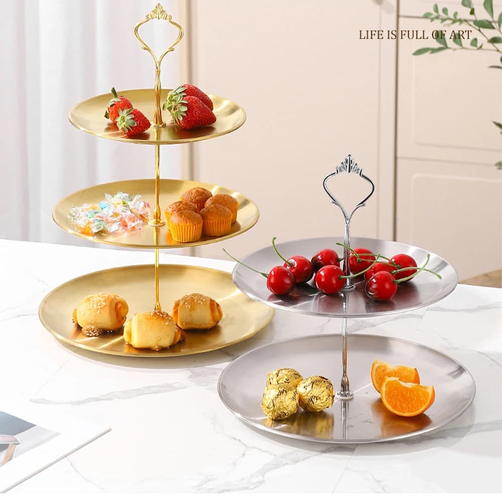 Piatto per Frutta a 2/3 Livelli, Ciotola per Snack in Acciaio Inox per Soggiorno, Cesto Creativo per Frutta Secca, Porta Caramelle, Supporto per Torte, Ciotola per Insalata