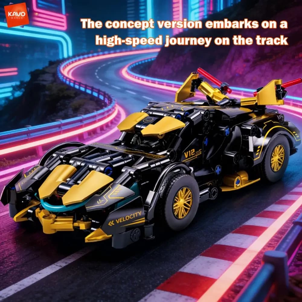 KAVOWORLD Set di Costruzioni Auto Sportiva Nera e Oro 313 Pezzi, Supercar V12 Velocity, Mattoncini Educativi per Appassionati di Auto