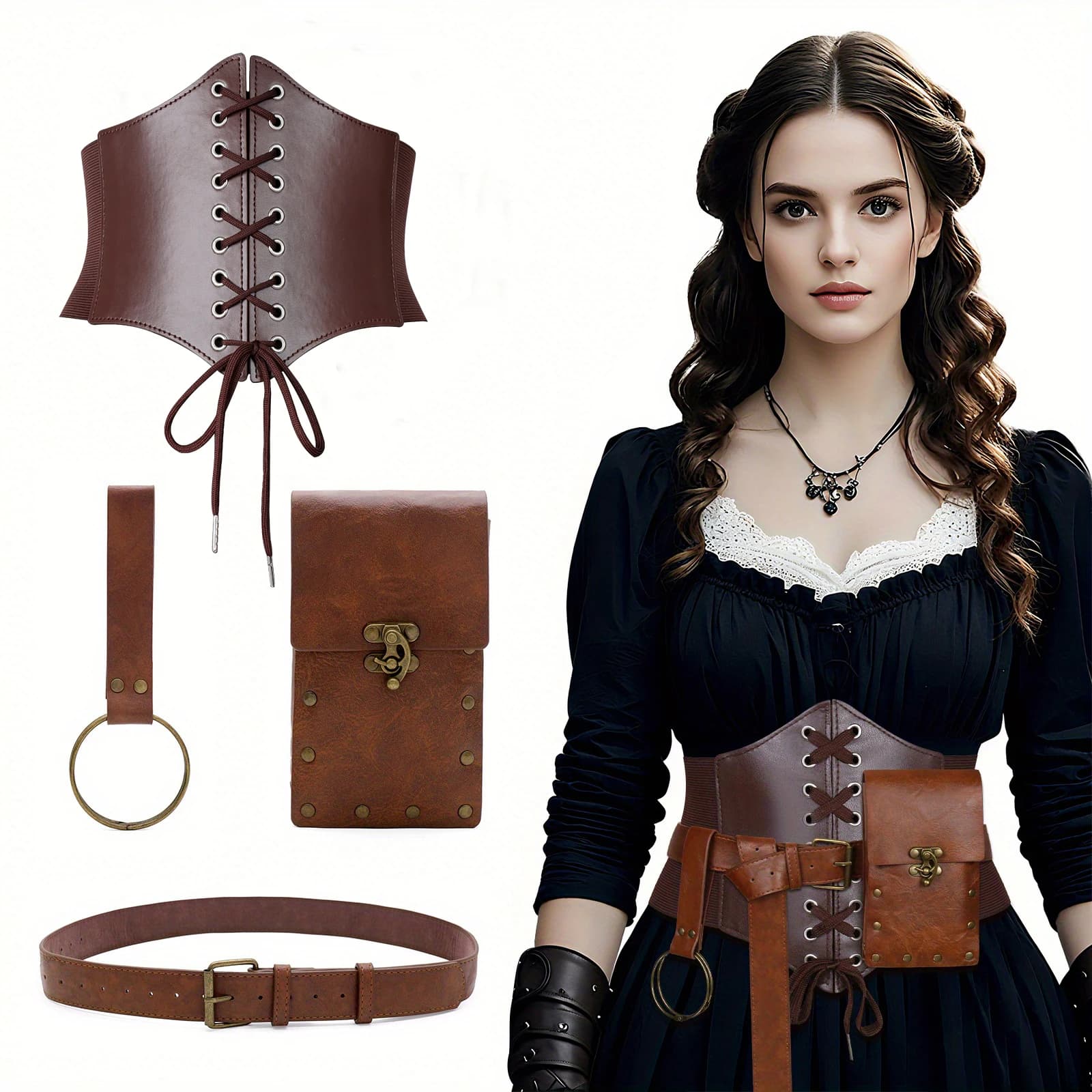 Borsa a tracolla da donna con cintura a corsetto, marsupio porta cellulare, portamonete, gancio per gonna, set costume medievale rinascimentale