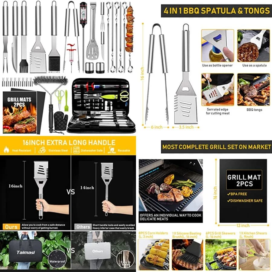 Set di 34 Accessori per Barbecue, Regalo per Uomini Appassionati di Grigliate, Utensili BBQ in Acciaio Inox da 16 Pollici con Termometro