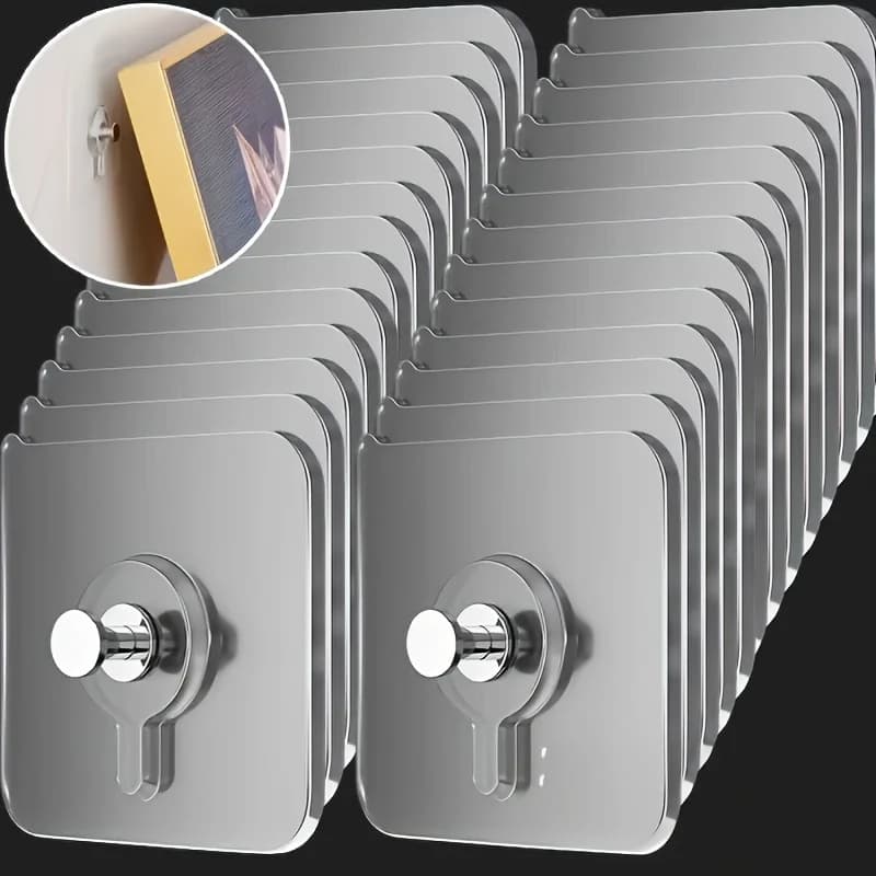 Set of 16 robust wall hooks that do not require drilling, with easy installation and practical design. Ideal for renters and families