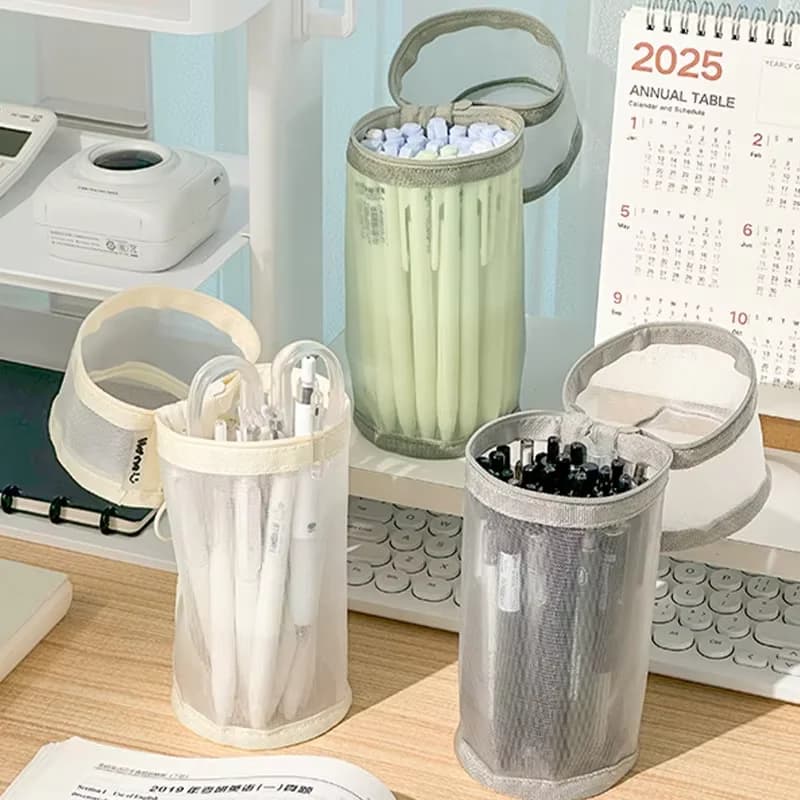 Astuccio trasparente in rete da 1 pezzo, portapenne a tinta unita con chiusura a scatto, di grande capacità, borsa portatile per riporre articoli di cancelleria per studenti