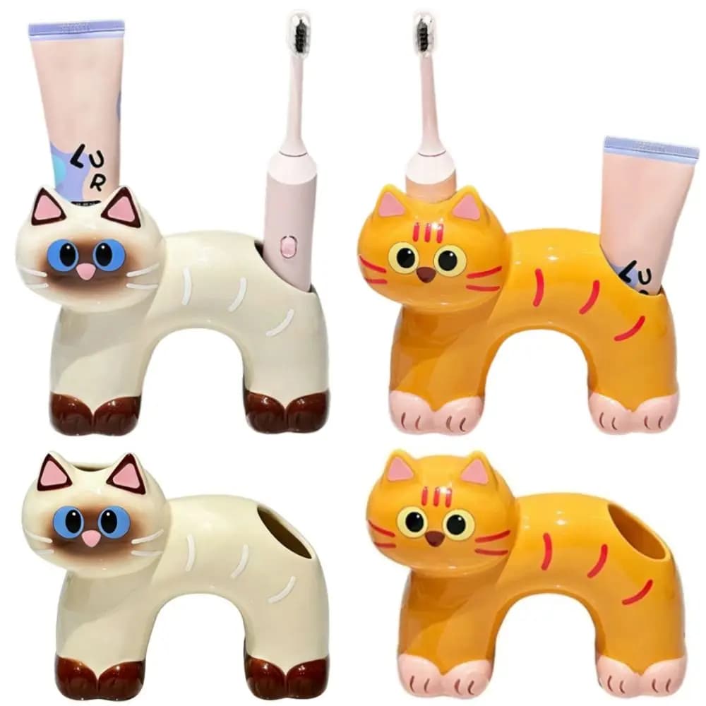 Ceramic Cat Toothbrush Holder Creative Cartoon Toothpaste Toothbrush Rack 2 Slot Anti-Slip Base Toothbrush Storage Rack