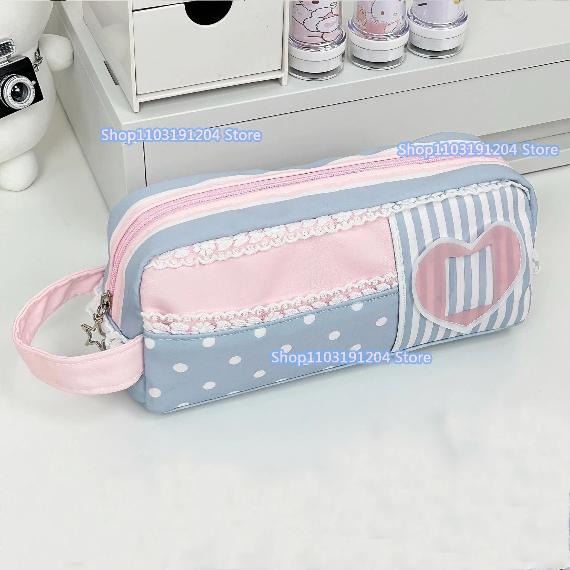 Ins Dreamy Girl Style Pencil Case Student Large Capacity Desktop Storage Stationery Pen Bag Lace Trim Makeup Bag Gift