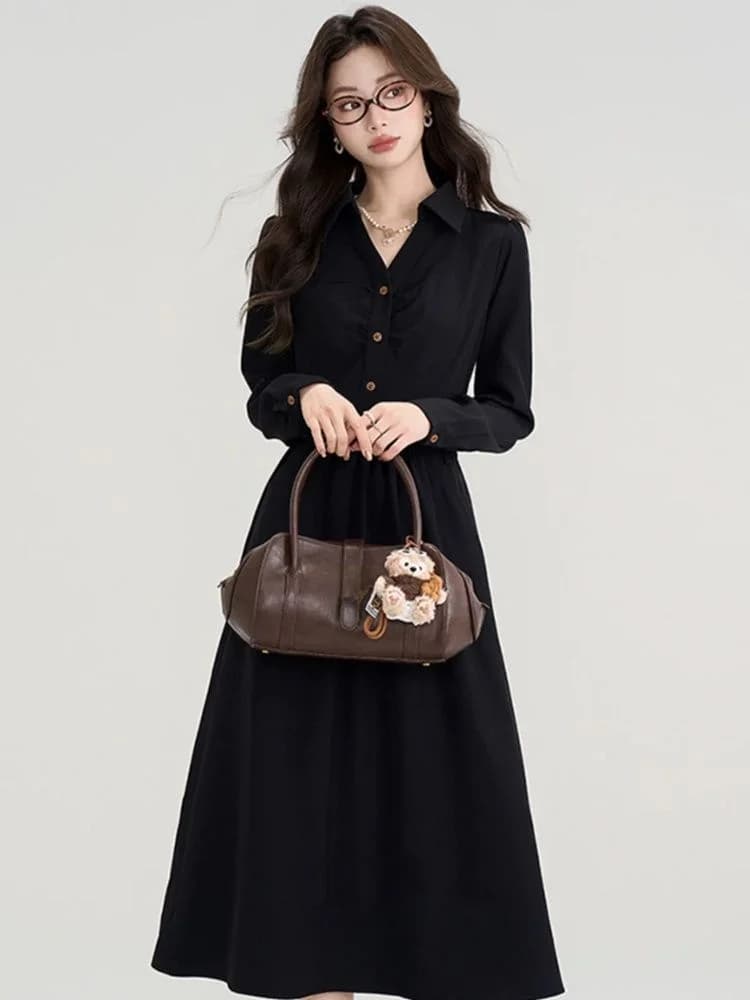 Elegante Abito Stile Hepburn a Maniche Lunghe con Cintura per Donna, Nuovo Arrivo Autunno Inverno, Gonna a Linea A in Tessuto Poliammide