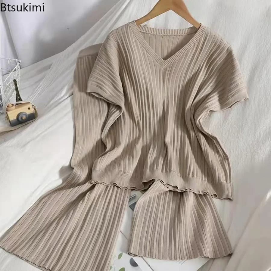 Summer Women's Trousers Suit Solid Color Simple Loose V-neck Pleated Knitted Long-sleeved Top Wide-leg Trousers Two-piece Set