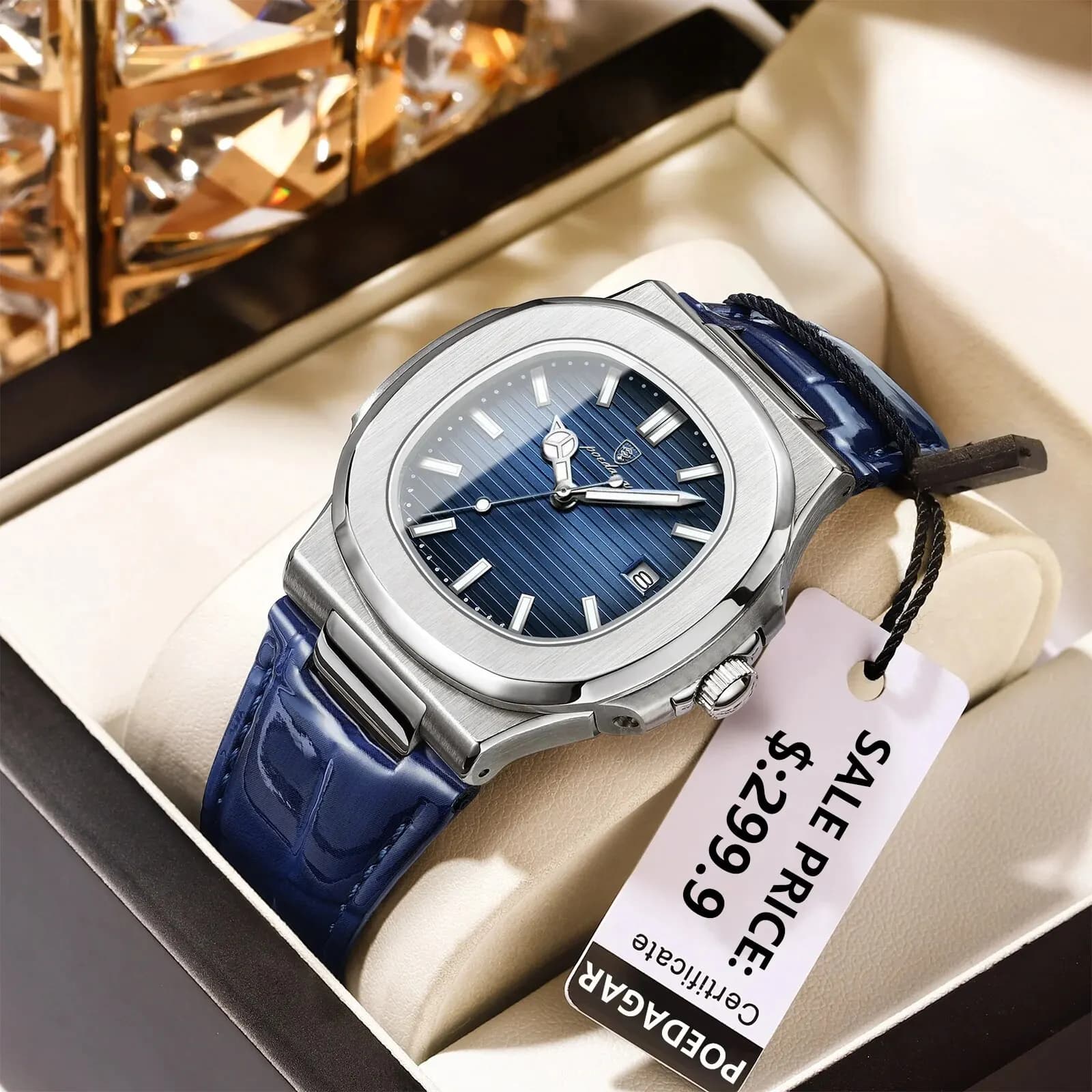 POEDAGAR Top Luxury Square Men's Watch Date Waterproof Luminous Men's Watch High Quality Leather Quartz Watches + Box Reloj