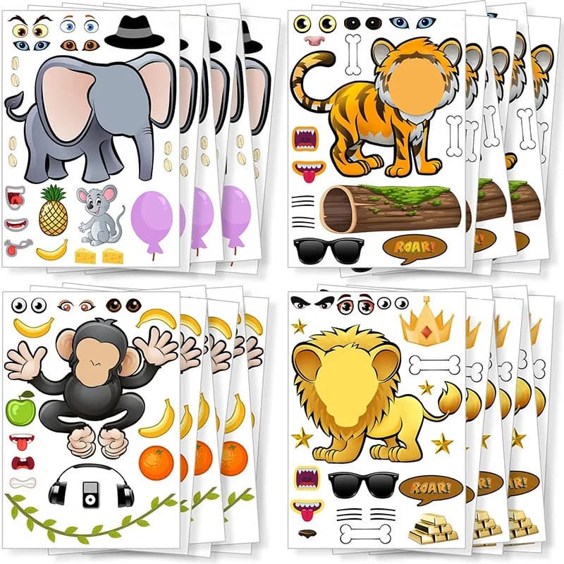 Cartoon Safari Animals Stickers For Children Kids DIY Make A Face Stickers Make Your Lion Money Elephant Tiger Assemble Puzzle