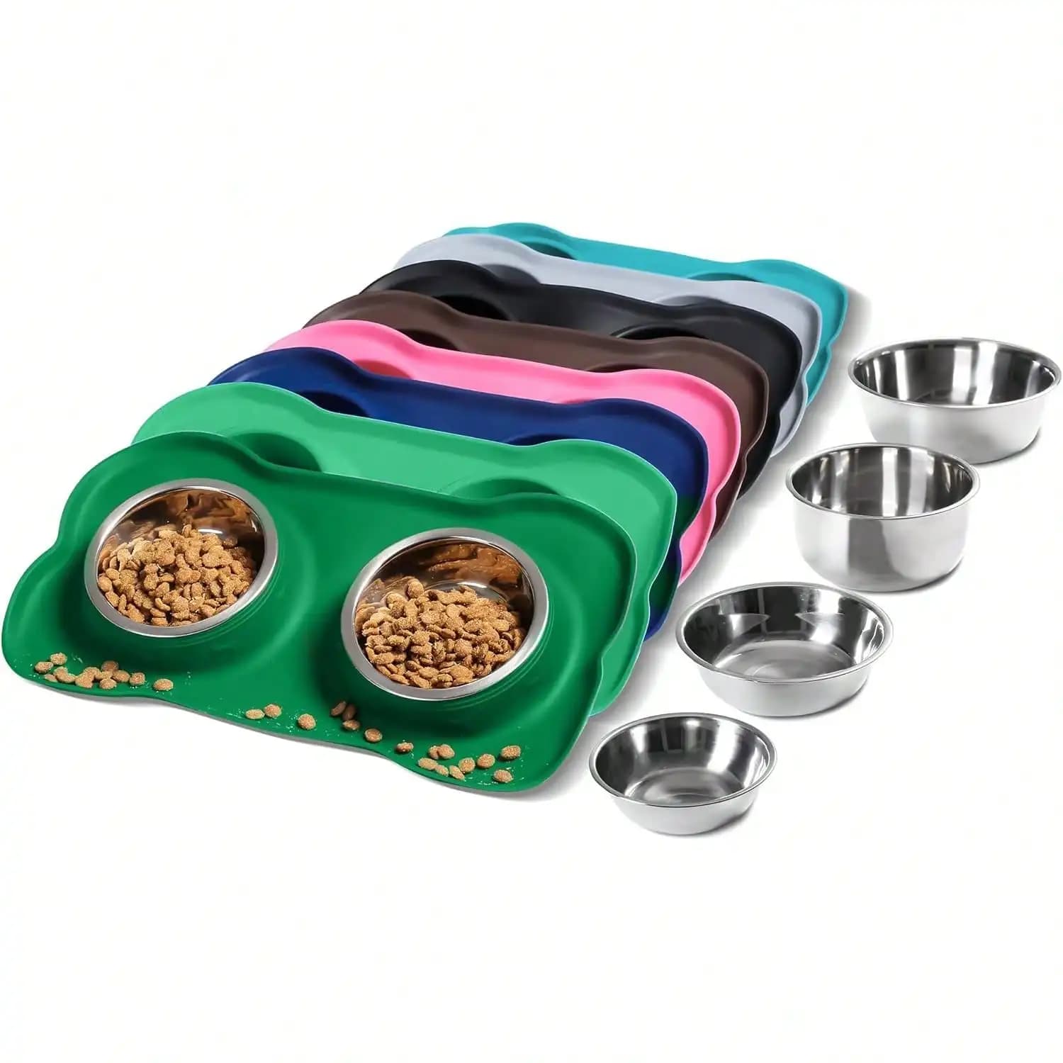 Ciotole per cani in acciaio inossidabile con tappetino in silicone antiscivolo anti-goccia + paletta per cibo per animali domestici, ciotole per acqua e cibo per l'alimentazione di cani e gatti di taglia piccola, media e grande, cuccioli (Rosa) NXTA