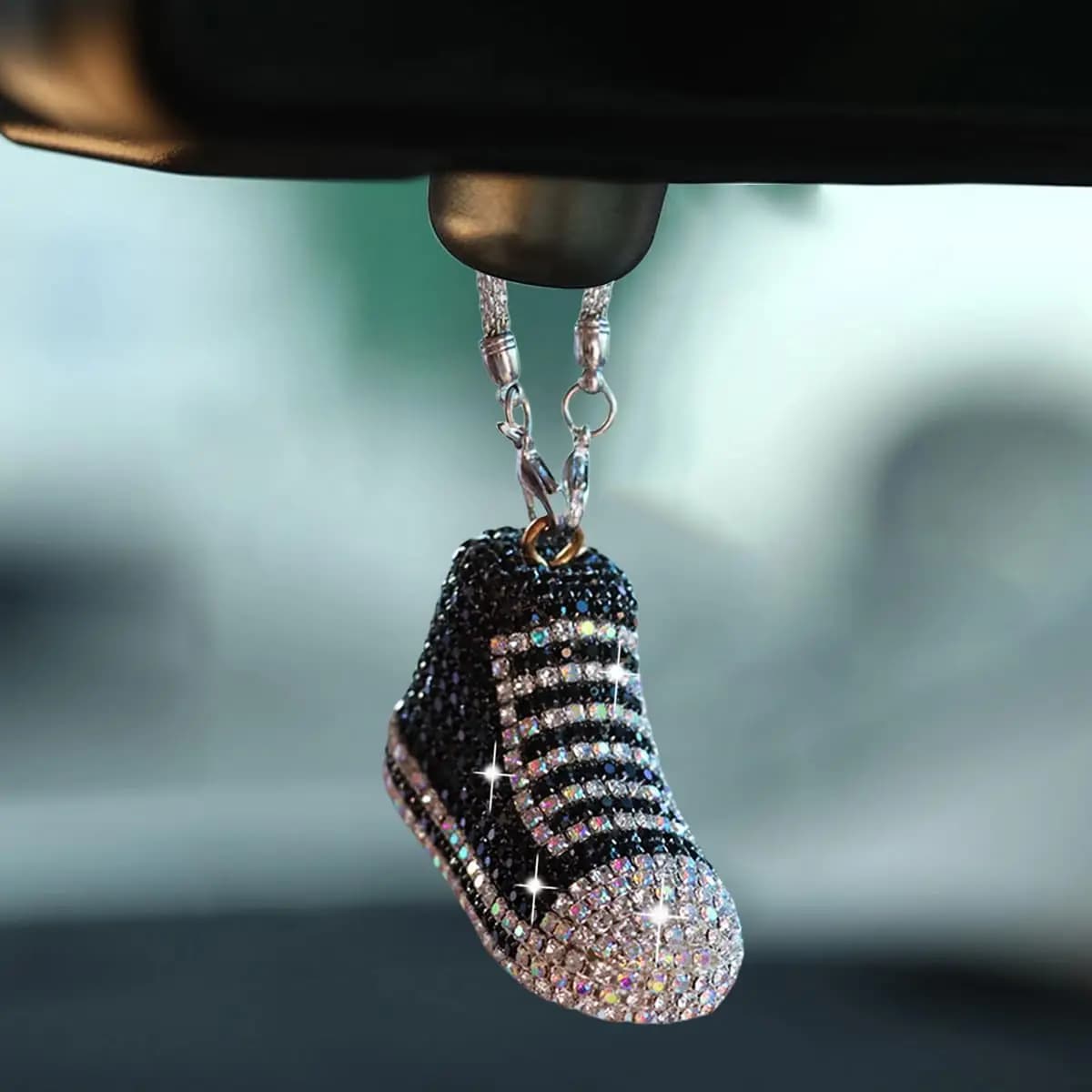 Bling Sneaker Shoe Sparkly Car Hanging Ornament, Cute Crystal Rear View Mirror Pendant, Diamond
