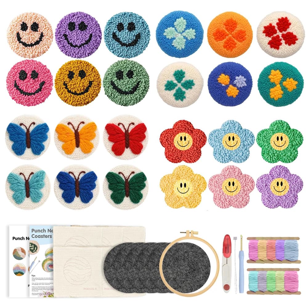 6 Pcs Smiling Face Pattern Punch Needle Embroidery Coaster Kit For Beginners Punch Needle Embroidery Gift Tufting Coasters