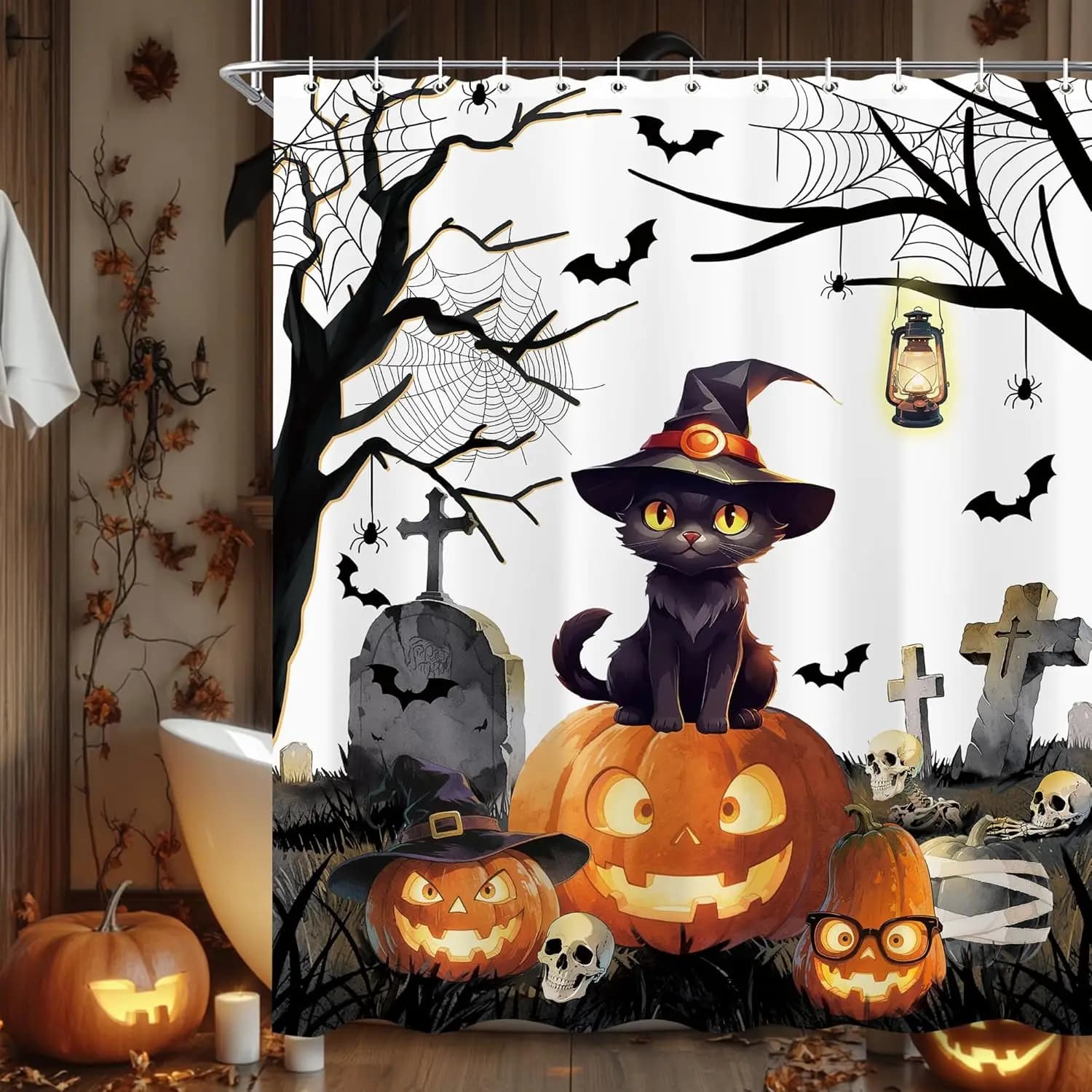 Tenda da doccia con zucca di gatto nero carino di Halloween, decorazione per tenda da bagno con ragnatela di pipistrello adorabile