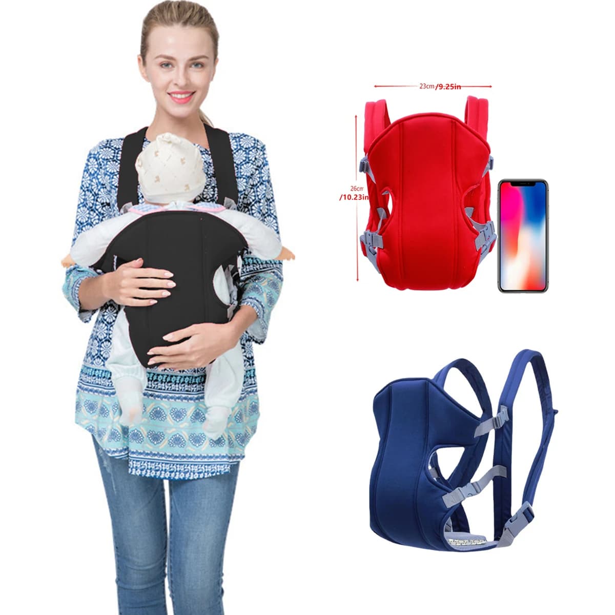 Design semplice e pratico. Doppie spalline per il bambino. Porta bimbo davanti e dietro. Spalline traspiranti per bambini.