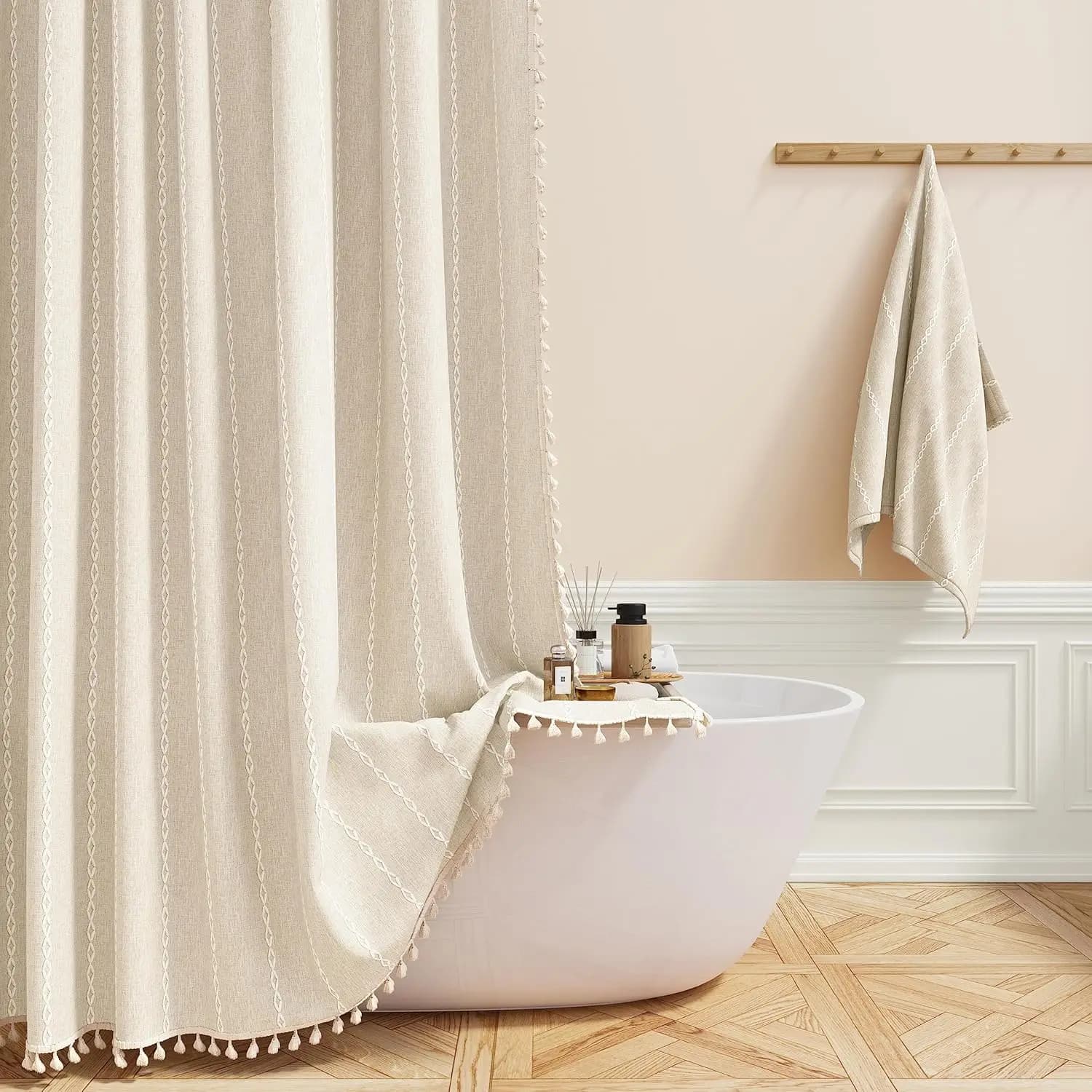 Boho Farmhouse shower curtain, striped rustic linen shower set with tassels