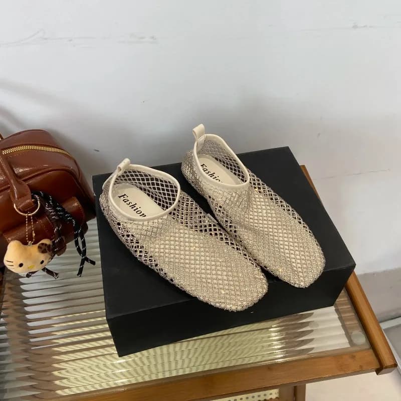 Baotou Sandals Women Wear in Summer 2026 One-foot Slip-on Hollow Flat Shoes Mesh Full of Diamonds