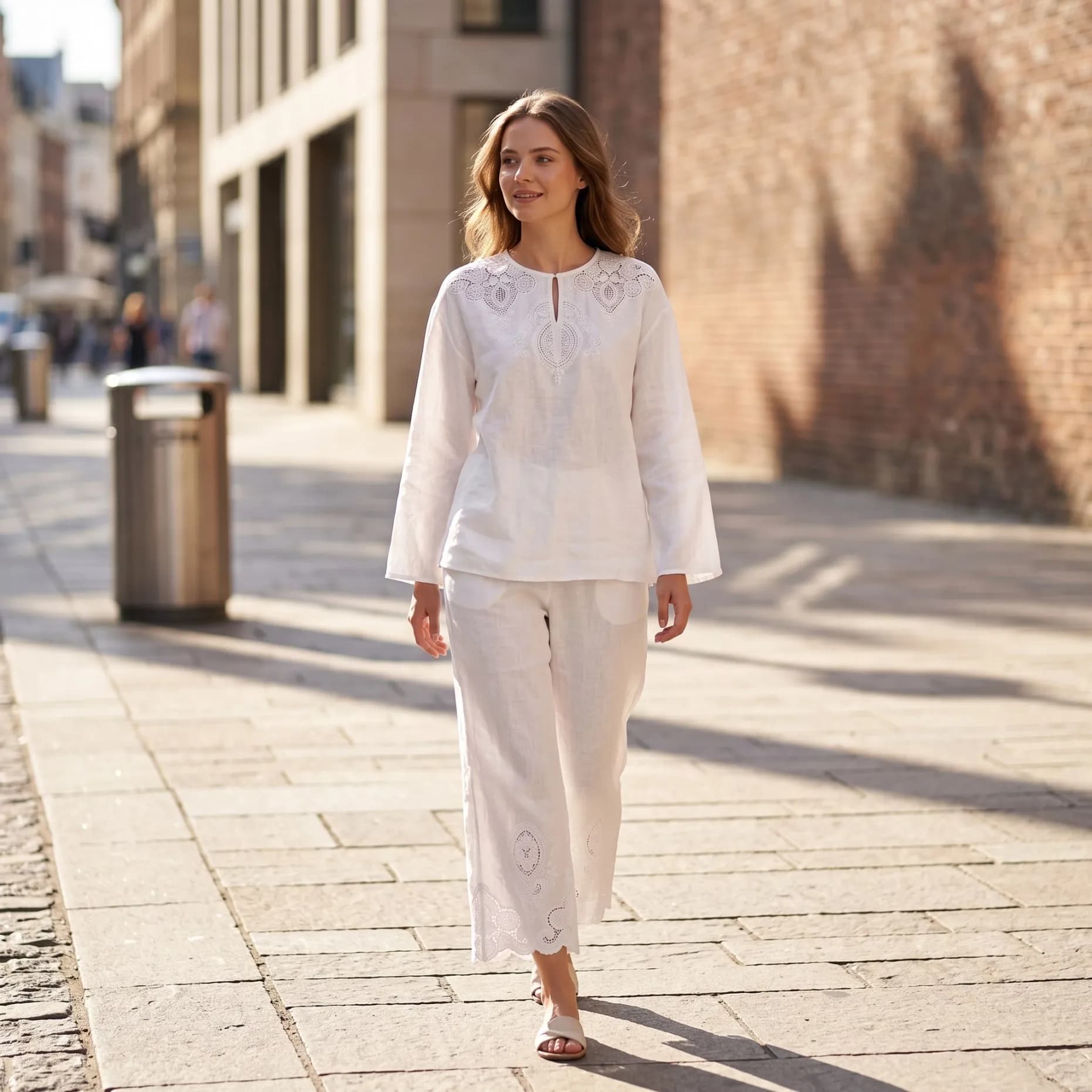 Luxury Linen Blend Two Piece Set Women Long Sleeve Blouse & Wide Leg Cropped Pants Elegant Matching Outfit BC22103