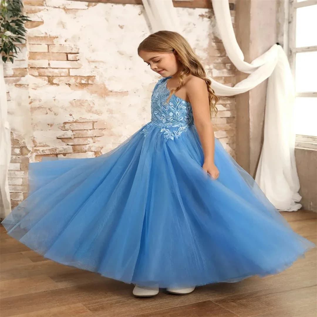 Abiti da festa per bambini, prima comunione, compleanno, abiti da festa, abiti da ragazza di fiori blu monospalla personalizzati per principessa nuziale