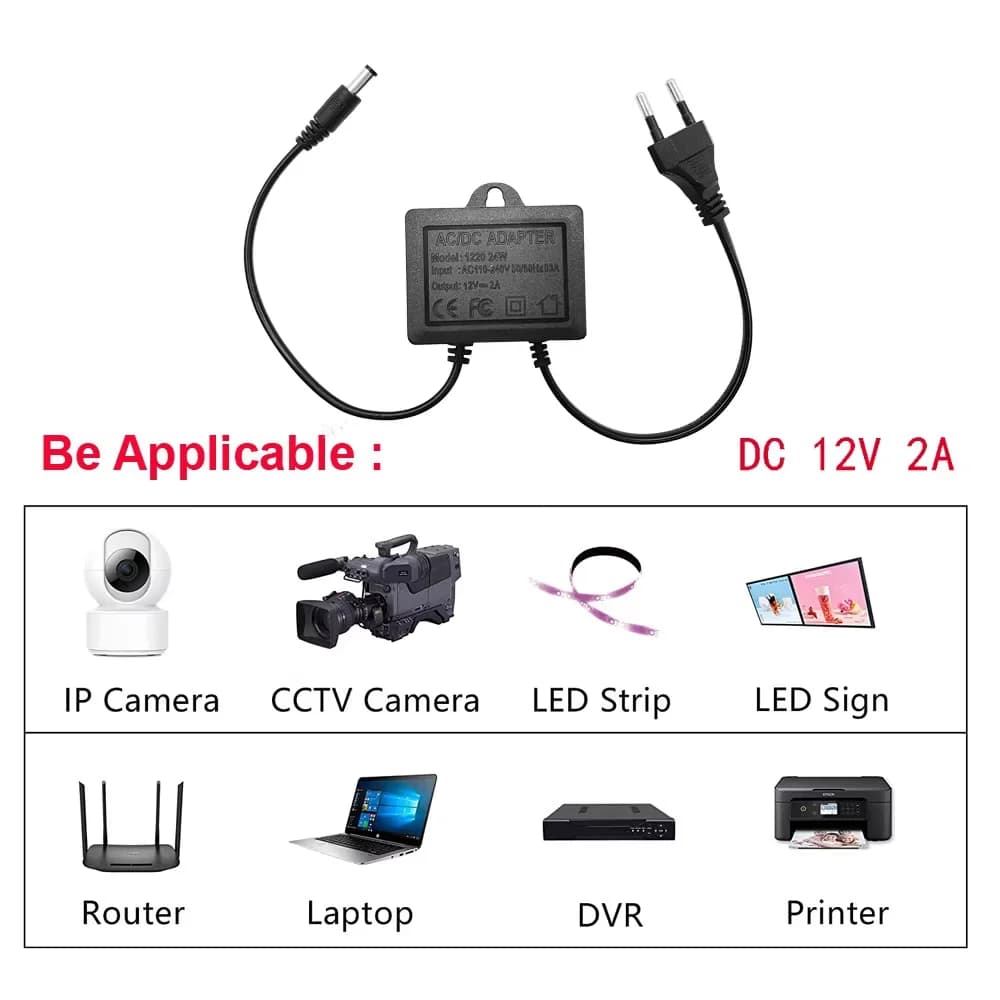 Adattatore di alimentazione impermeabile per esterni DC 12V 2A con spina EU per telecamere di sicurezza, caricabatterie NVR DVR Router, ingresso AC110V-240V