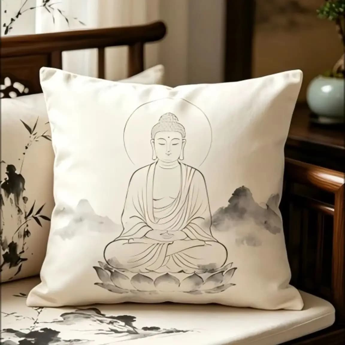 Buddha Lotus Throw Pillow Cover Zen Ink Art Print Decorative Cushion Case for Meditation Room Home Spiritual Decor