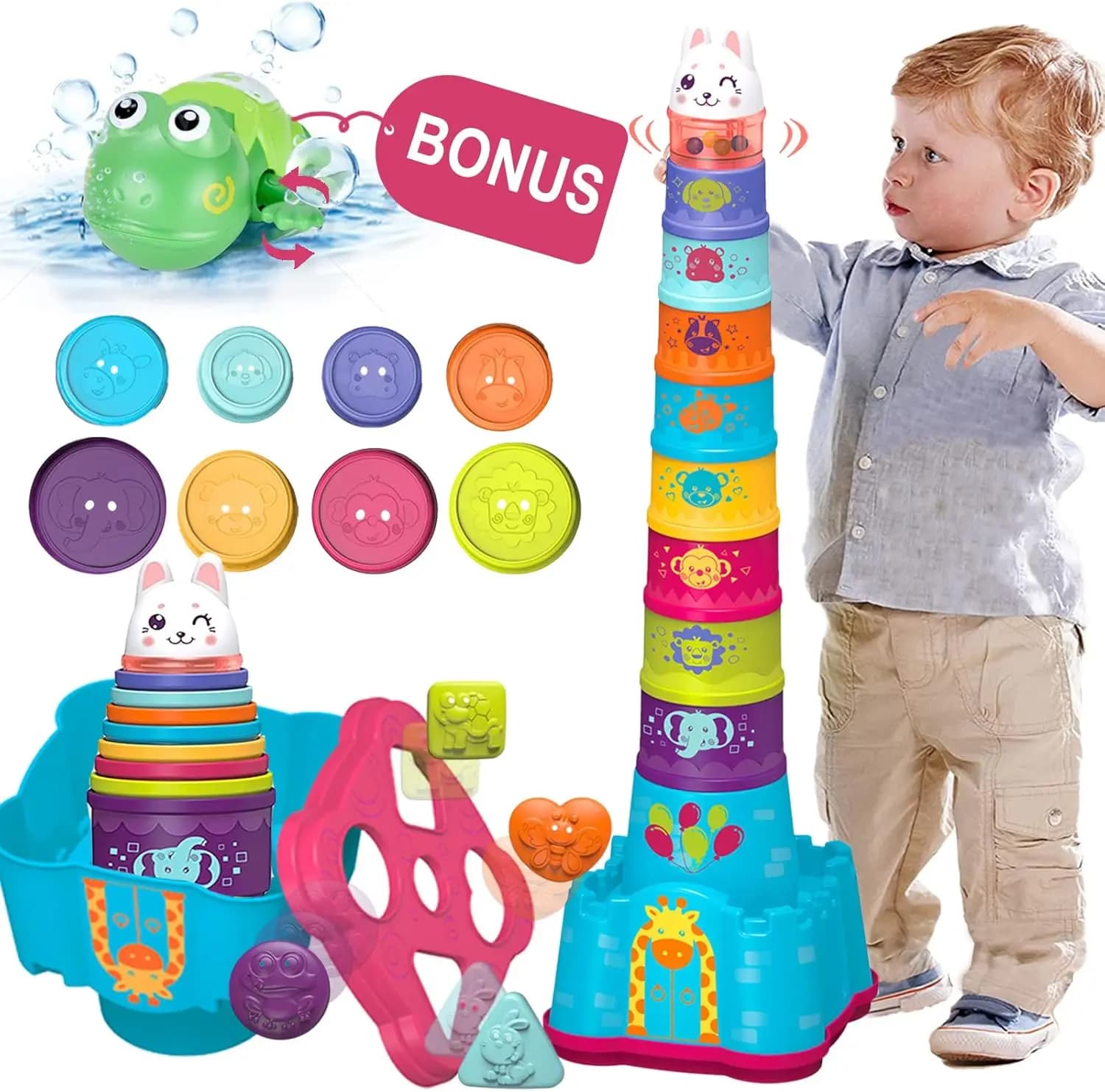 Giocattoli Impilabili per Bambini 1-3 Anni, Tazze a Incastro con Forme Geometriche e Blocchi, Regalo Educativo per Bambini e Bambine