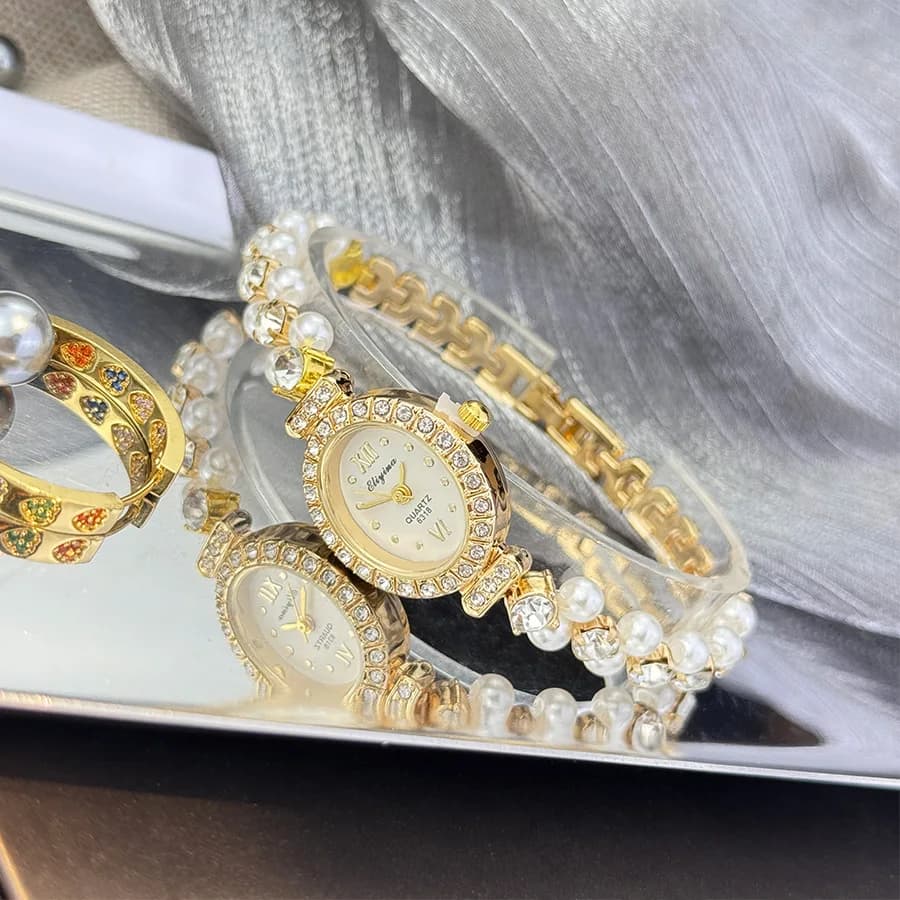 Orologi da polso da donna con diamanti di lusso quadrante ovale al quarzo Watcht moda braccialetto di perle orologi da polso da donna Dropshipping Reloj De Mujer