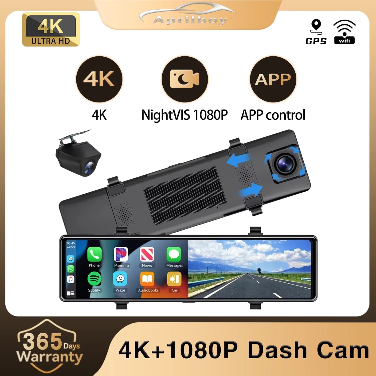 Aprilboy 12 '' Car Mirror Camera Touch Screen Video Recorder Dash Cam Rear Camera Front and Back Mirror Box Black