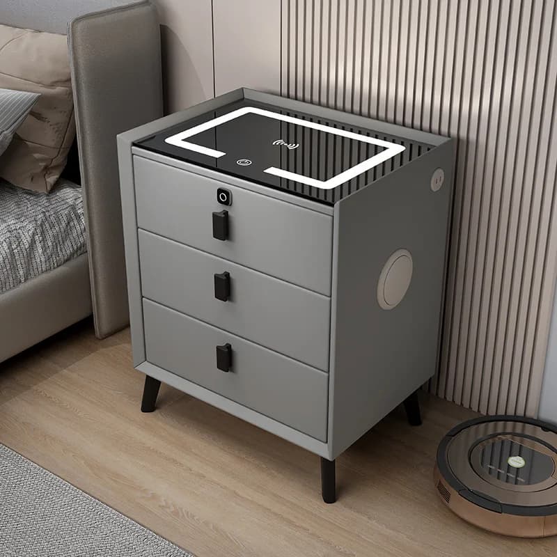 Comodino intelligente a 3 cassetti con serratura a impronte digitali Comodini per hotel con ricarica wireless Tavolino per camera da letto in legno massello