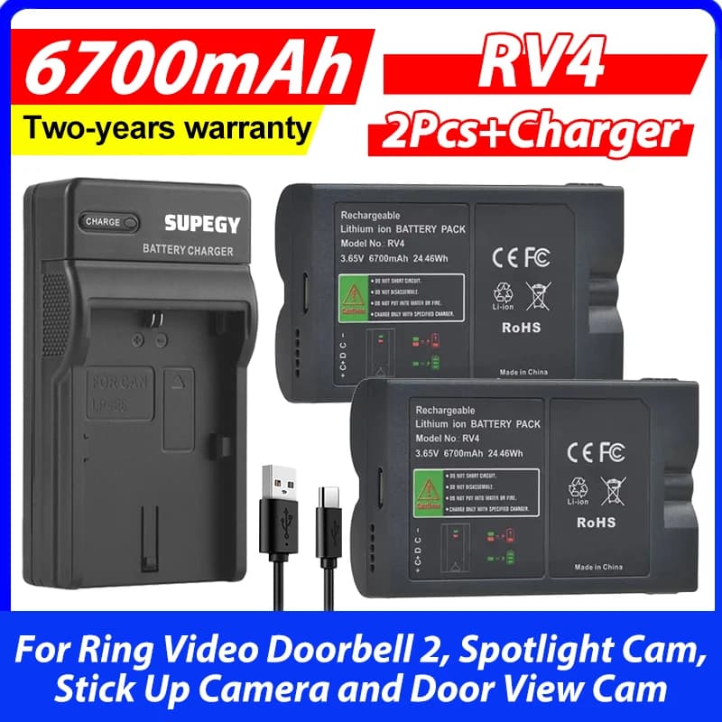 2 batterie USB RV4 da 6700 mAh integrate + caricabatterie per Ring Video Doorbell 2, Spotlight Cam, Stick Up Camera e Door View Cam