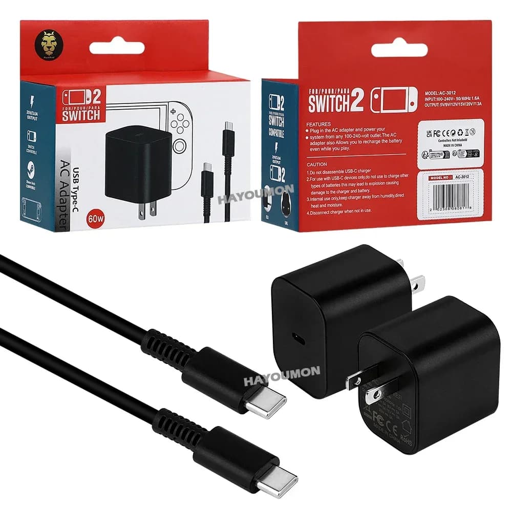 Adattatore AC per Switch 2, Caricabatterie Rapido 60W Type-C, Alimentatore con Supporto Modalità TV, Caricatore da Parete per Accessori Gaming Switch 2
